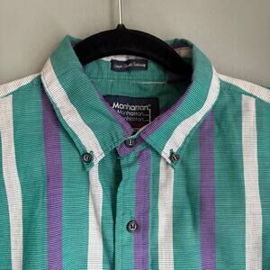 Vintage MANHATTAN Men's Large Striped Single Needle Striped Button Up Shirt